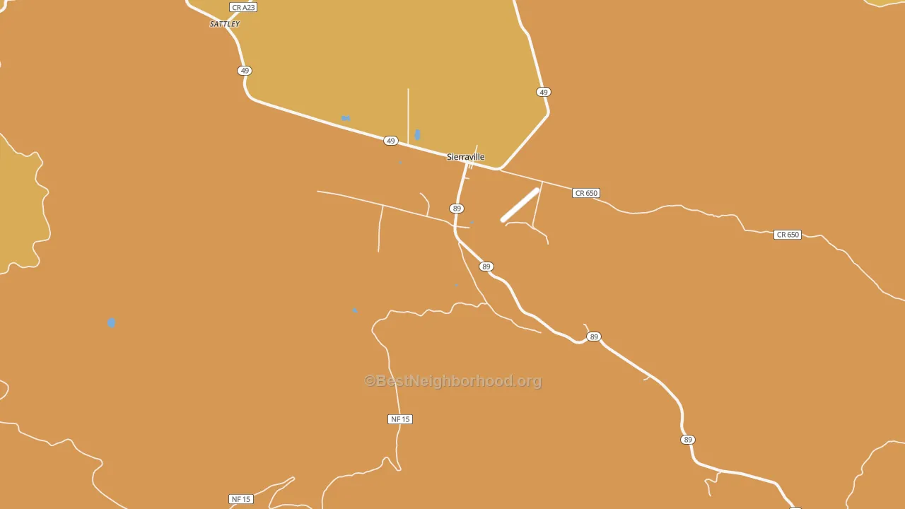 Map of the best neighborhoods in the Sierraville area, with better matches in green and worse matches in red