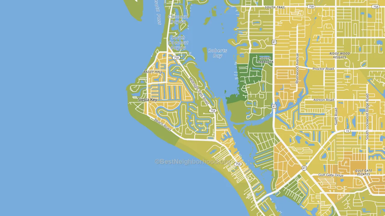 Map of the best neighborhoods in the Siesta Key area, with better matches in green and worse matches in red