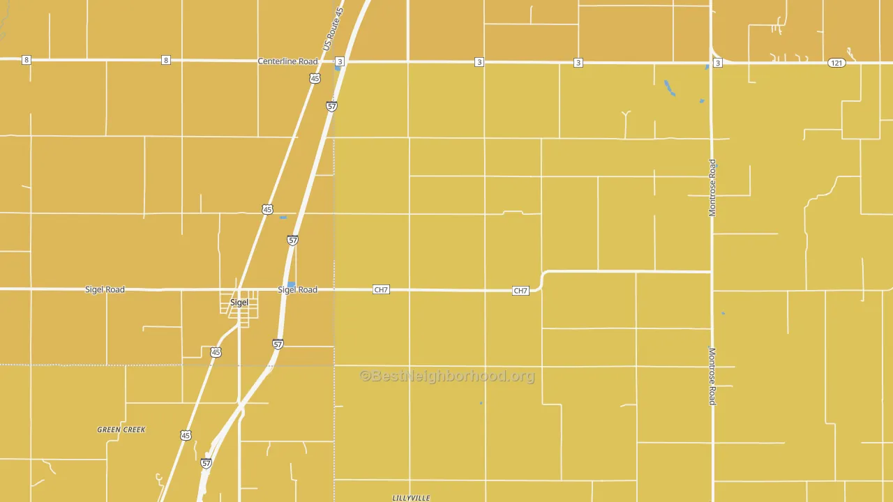Map of the best neighborhoods in the Sigel area, with better matches in green and worse matches in red