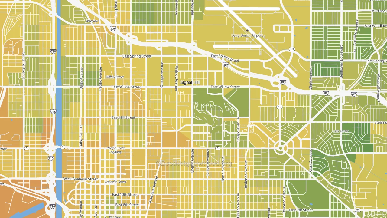 Map of the best neighborhoods in the Signal Hill area, with better matches in green and worse matches in red