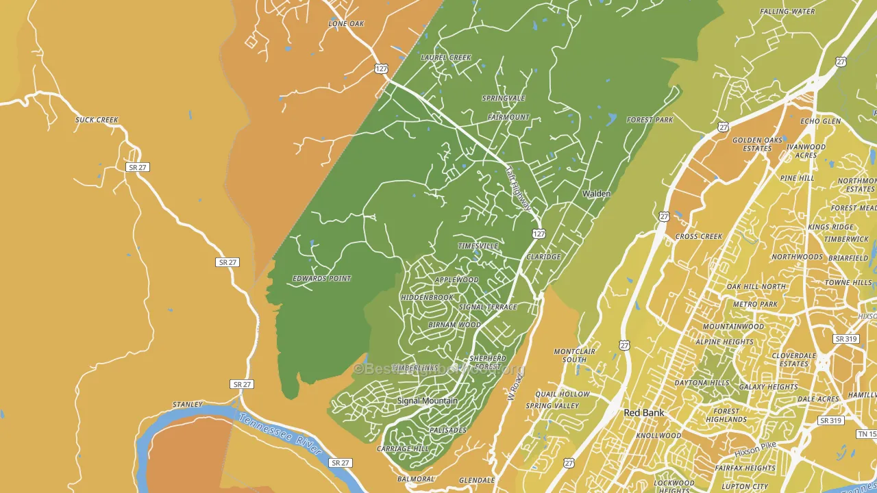 Map of the best neighborhoods in the Signal Mountain area, with better matches in green and worse matches in red