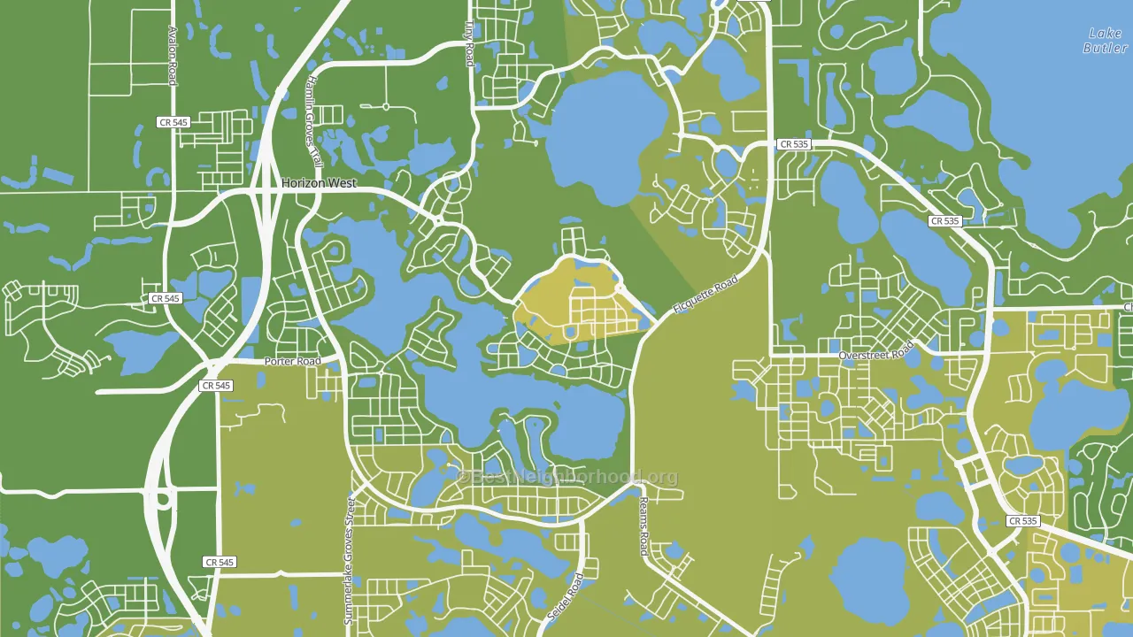 Map of the best neighborhoods in the Signature Lakes, Horizon West area, with better matches in green and worse matches in red