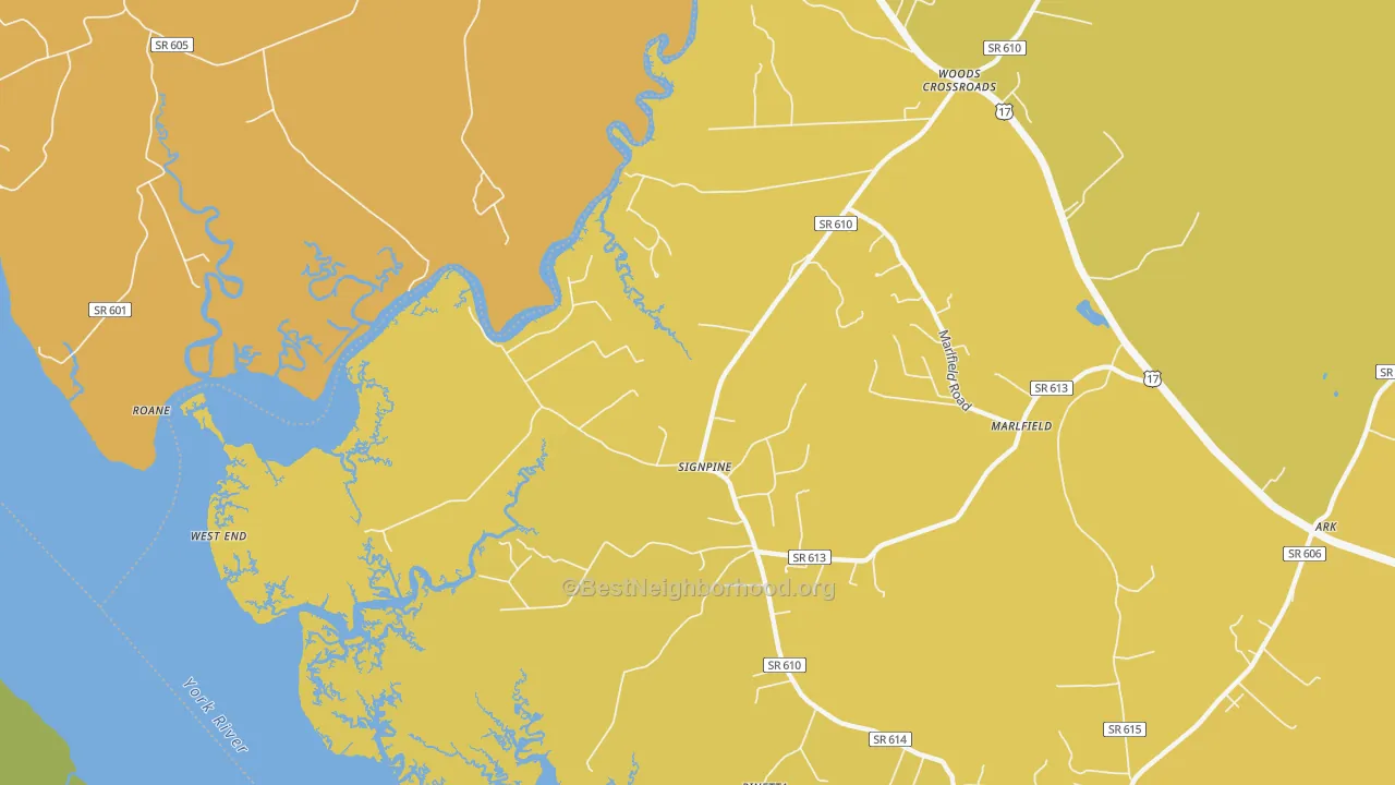 Map of the best neighborhoods in the Signpine area, with better matches in green and worse matches in red