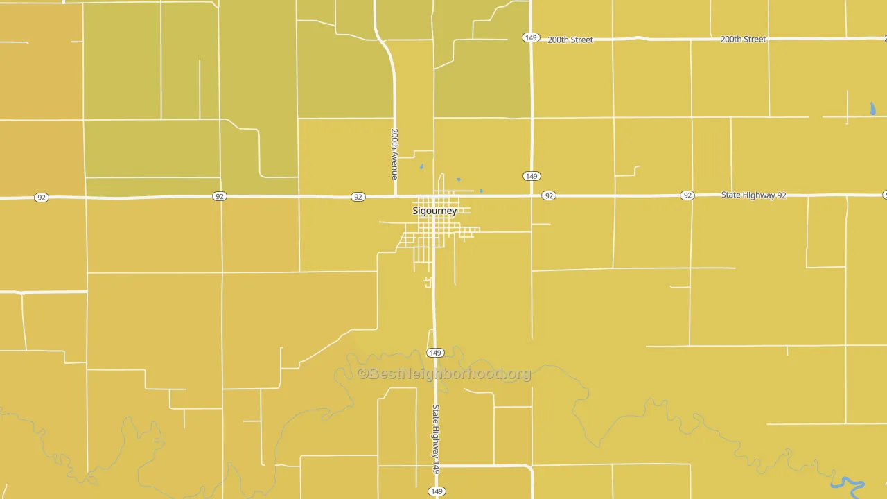 Map of the best neighborhoods in the Sigourney area, with better matches in green and worse matches in red
