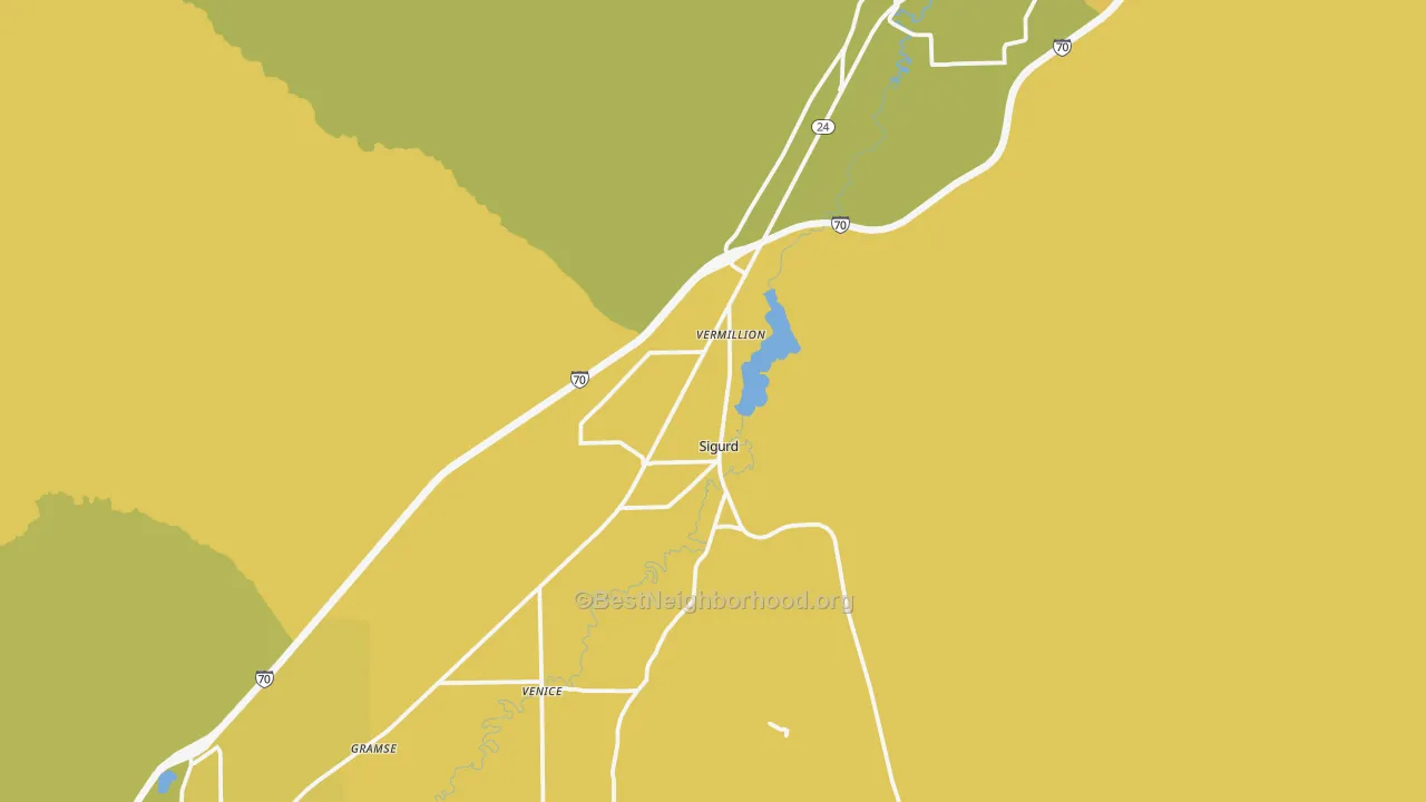 Map of the best neighborhoods in the Sigurd area, with better matches in green and worse matches in red