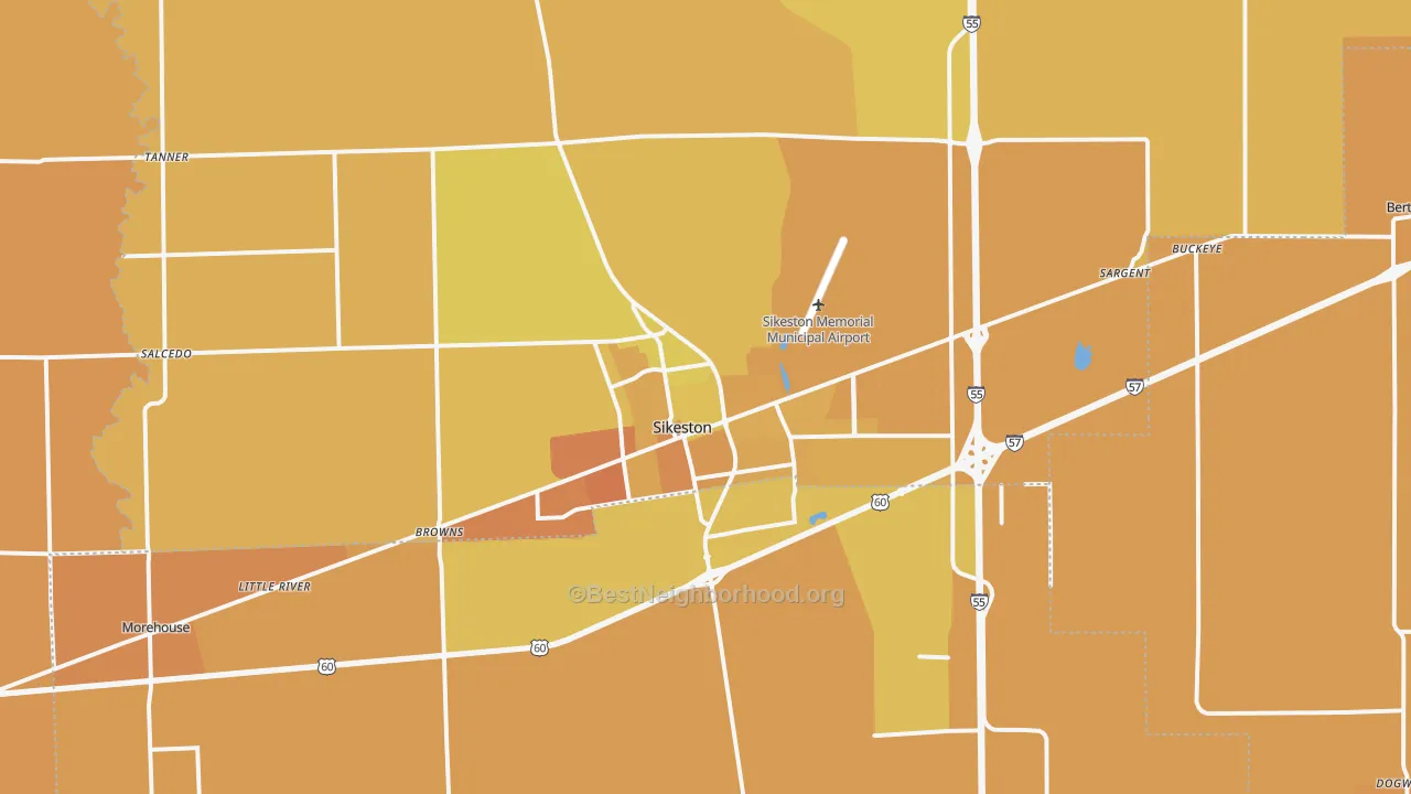 Map of the best neighborhoods in the Sikeston area, with better matches in green and worse matches in red