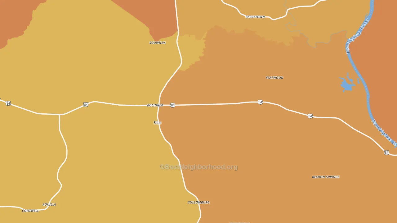 Map of the best neighborhoods in the Silas area, with better matches in green and worse matches in red