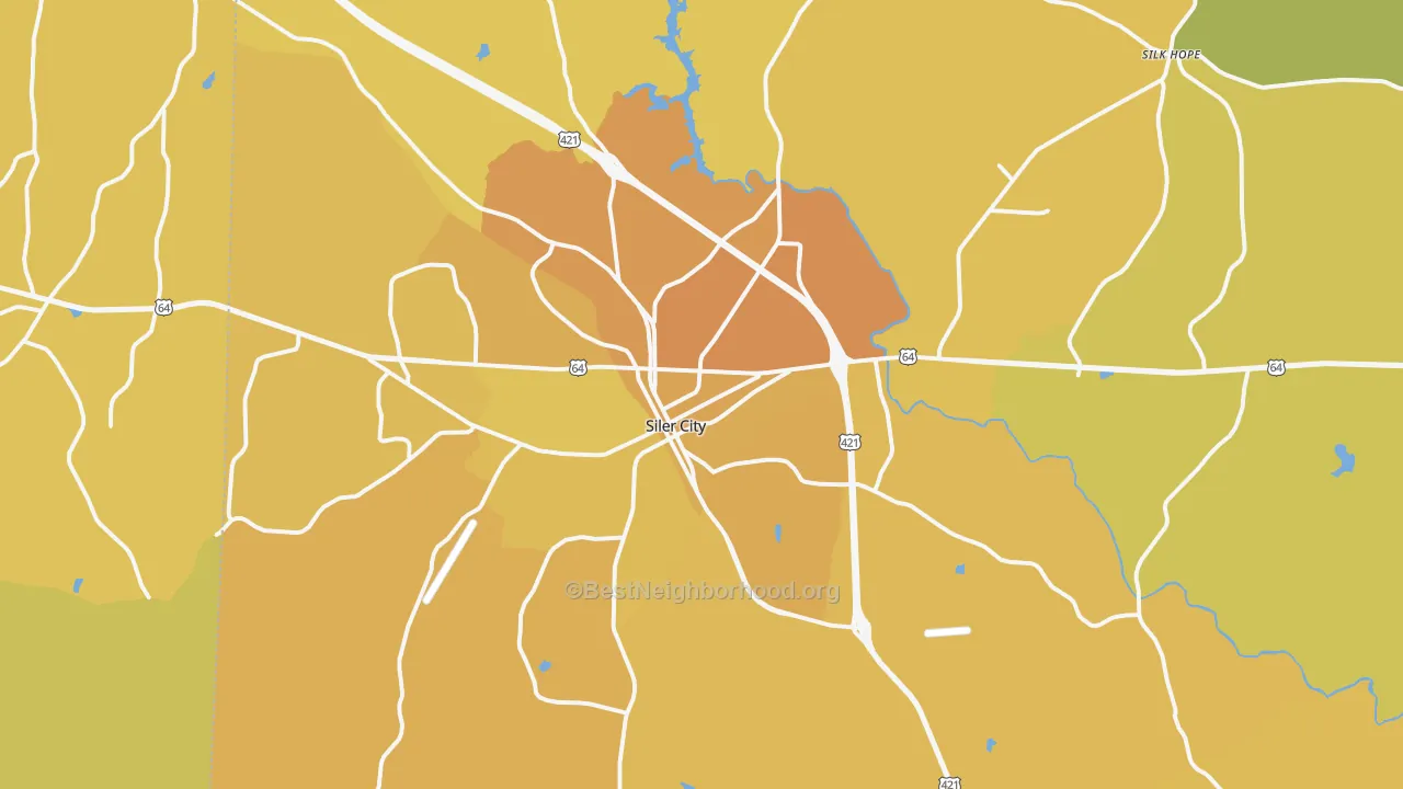 Map of the best neighborhoods in the Siler City area, with better matches in green and worse matches in red