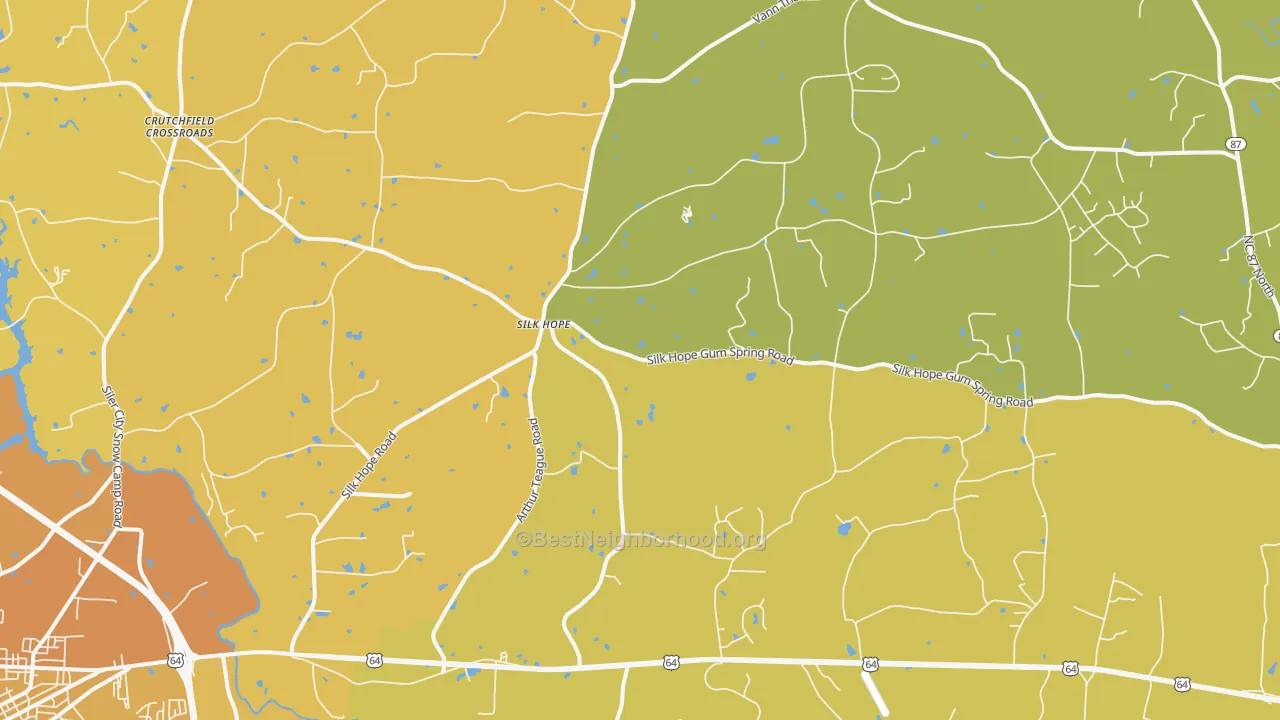 Map of the best neighborhoods in the Silk Hope area, with better matches in green and worse matches in red
