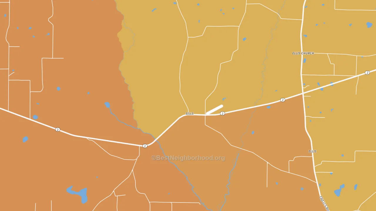 Map of the best neighborhoods in the Sills area, with better matches in green and worse matches in red