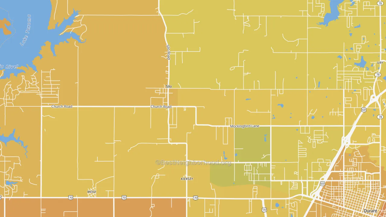 Map of the best neighborhoods in the Silo area, with better matches in green and worse matches in red