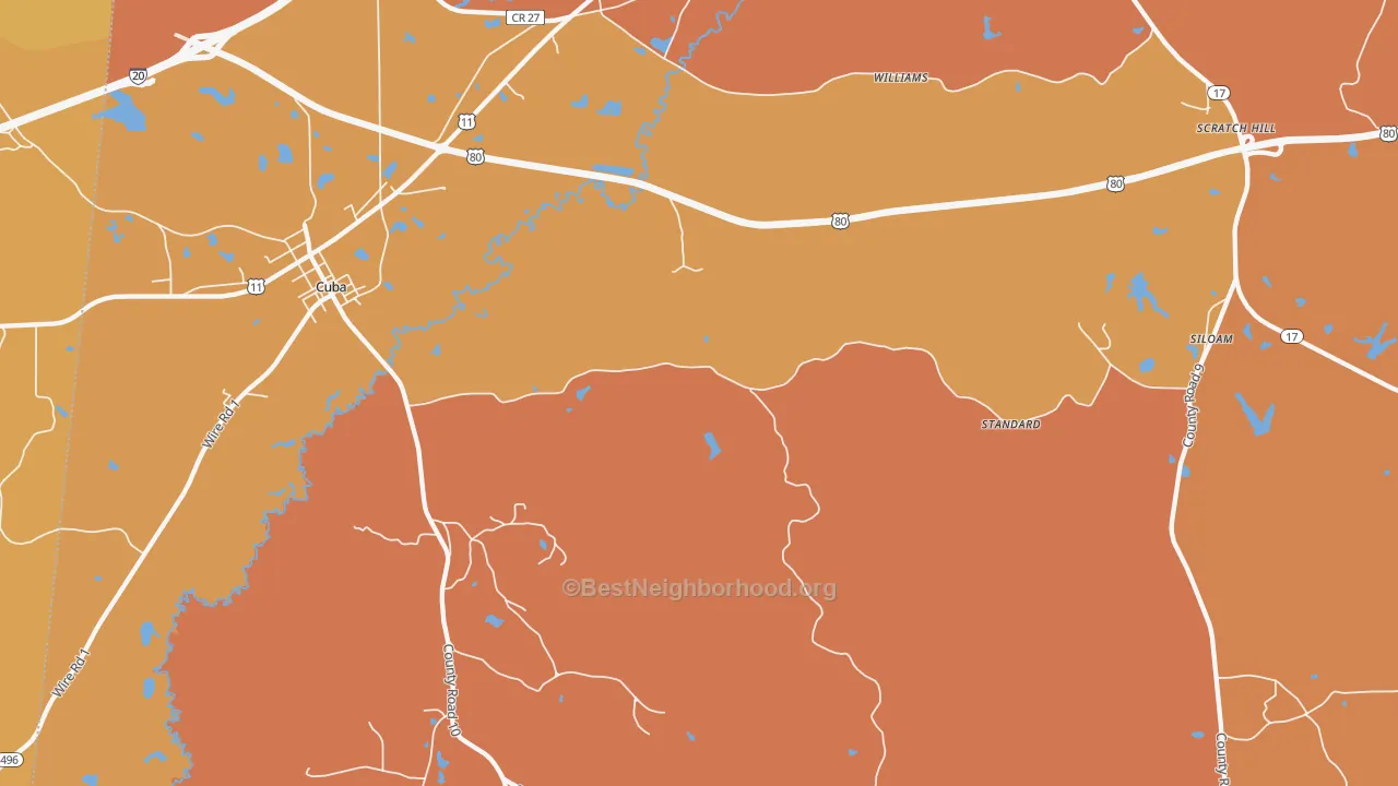 Map of the best neighborhoods in the Siloam area, with better matches in green and worse matches in red