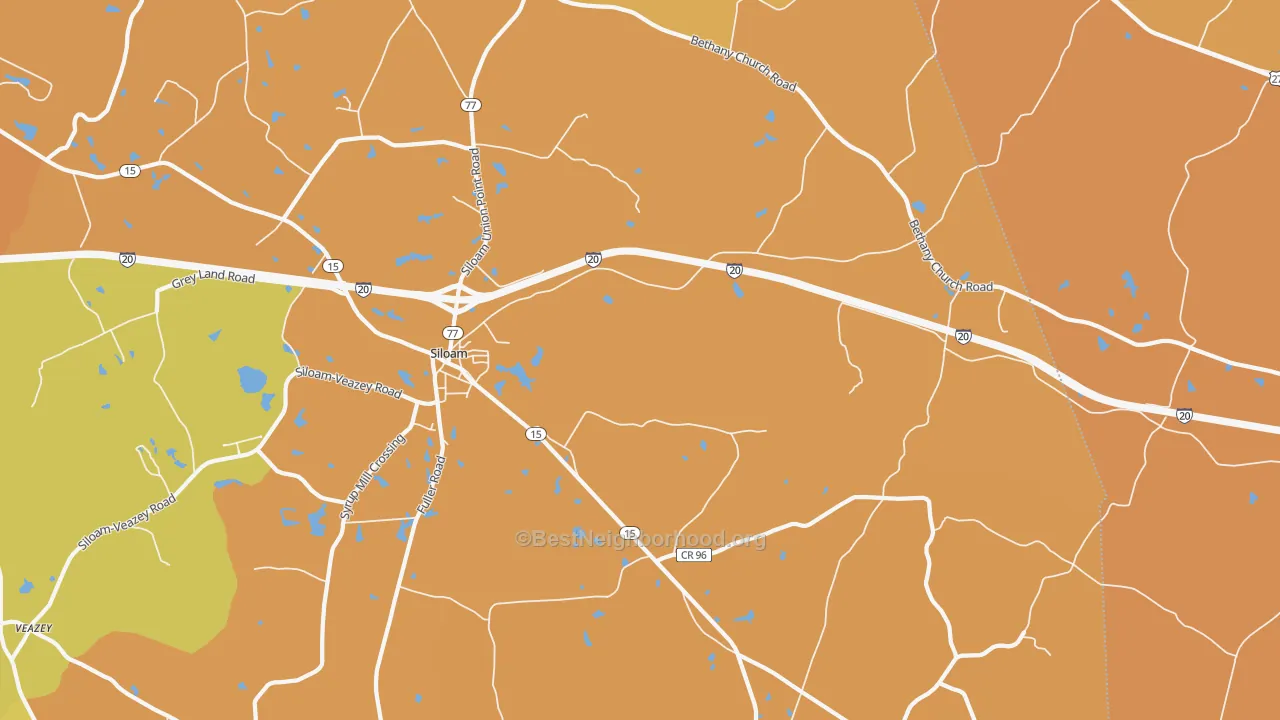 Map of the best neighborhoods in the Siloam area, with better matches in green and worse matches in red