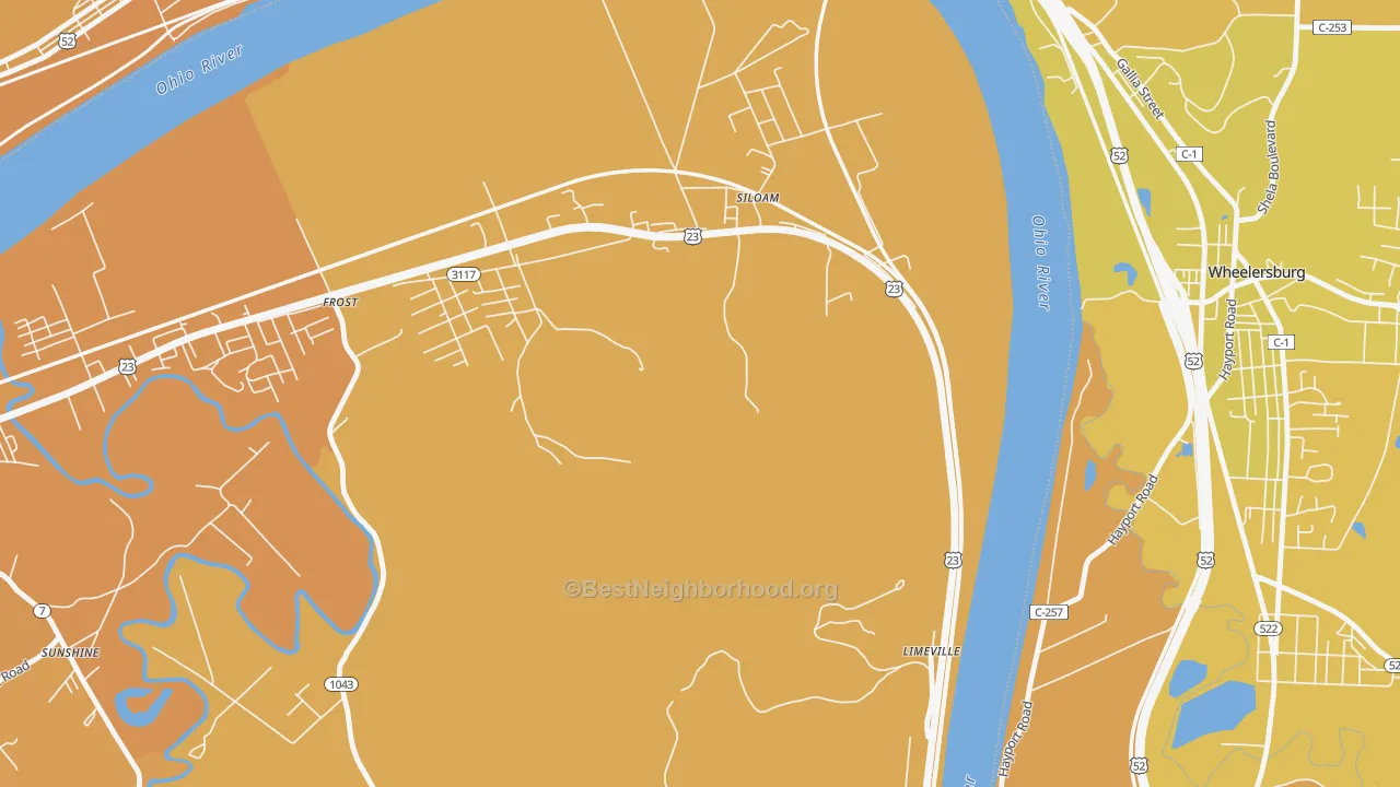 Map of the best neighborhoods in the Siloam area, with better matches in green and worse matches in red