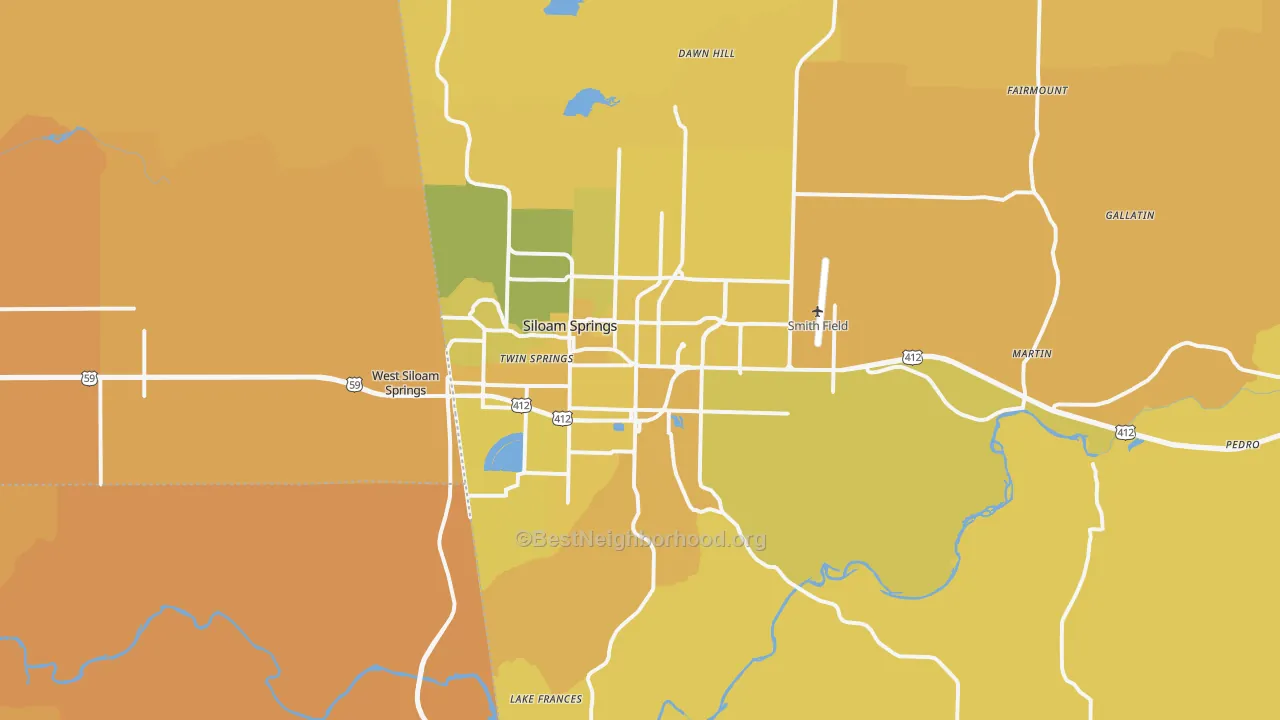 Map of the best neighborhoods in the Siloam Springs area, with better matches in green and worse matches in red