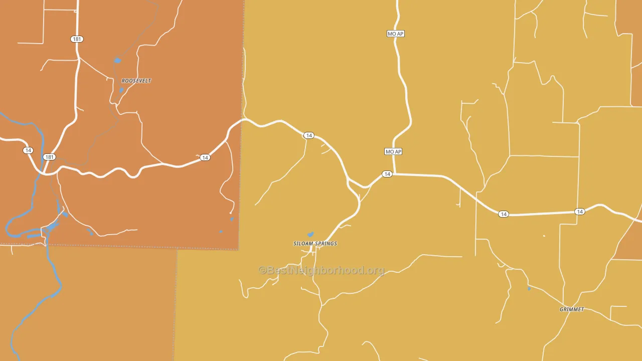 Map of the best neighborhoods in the Siloam Springs area, with better matches in green and worse matches in red