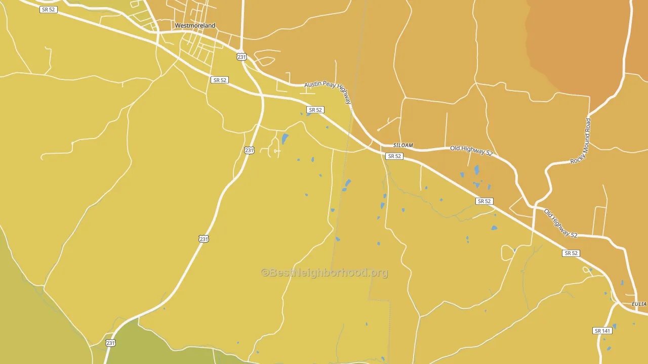 Map of the best neighborhoods in the Siloam area, with better matches in green and worse matches in red