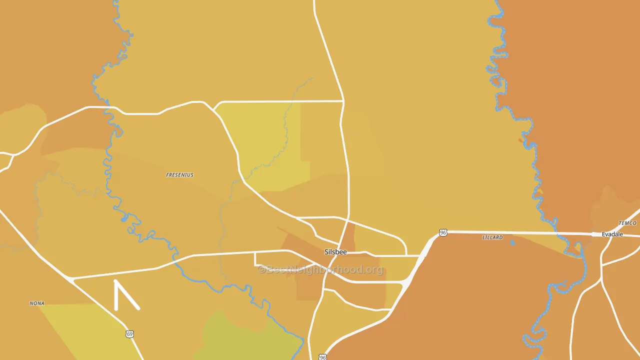 Map of the best neighborhoods in the Silsbee area, with better matches in green and worse matches in red
