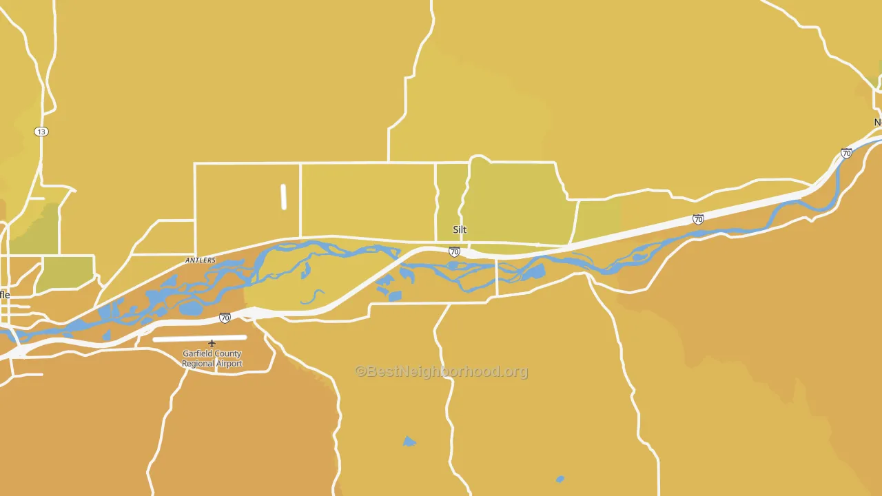 Map of the best neighborhoods in the Silt area, with better matches in green and worse matches in red