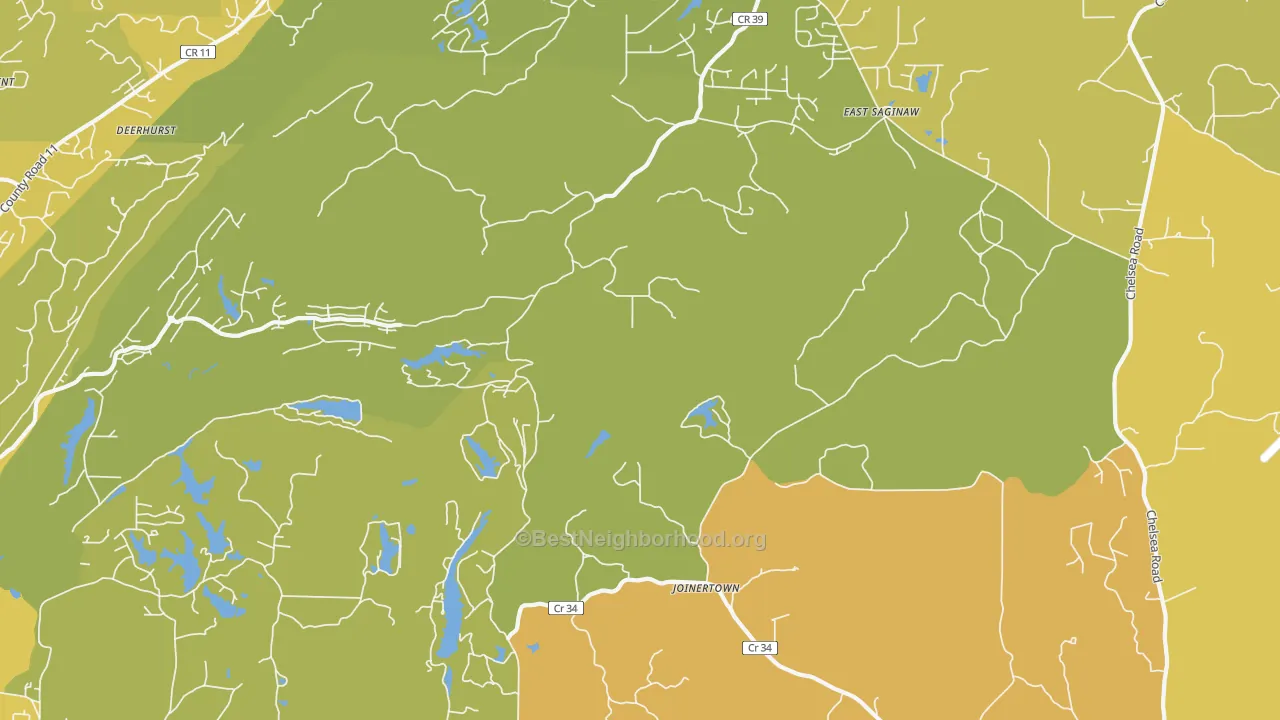 Map of the best neighborhoods in the Siluria area, with better matches in green and worse matches in red