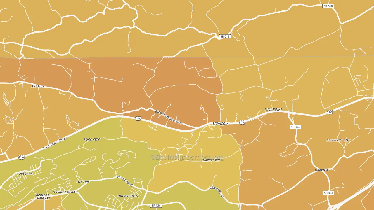 Map of the best neighborhoods in the Silvacola area, with better matches in green and worse matches in red