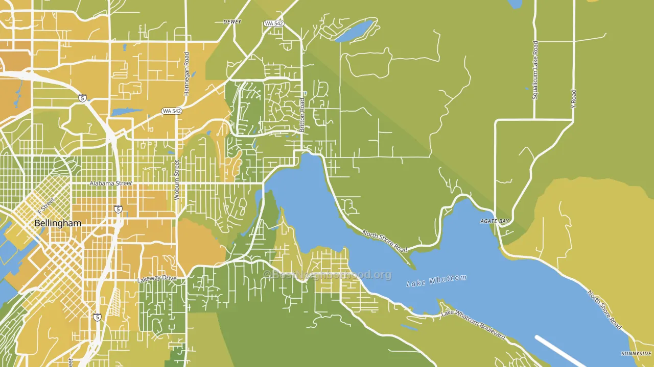 Map of the best neighborhoods in the Silver Beach, Bellingham area, with better matches in green and worse matches in red