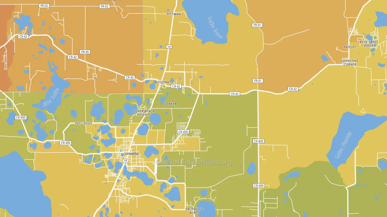 Map of the best neighborhoods in the Silver Beach Heights area, with better matches in green and worse matches in red