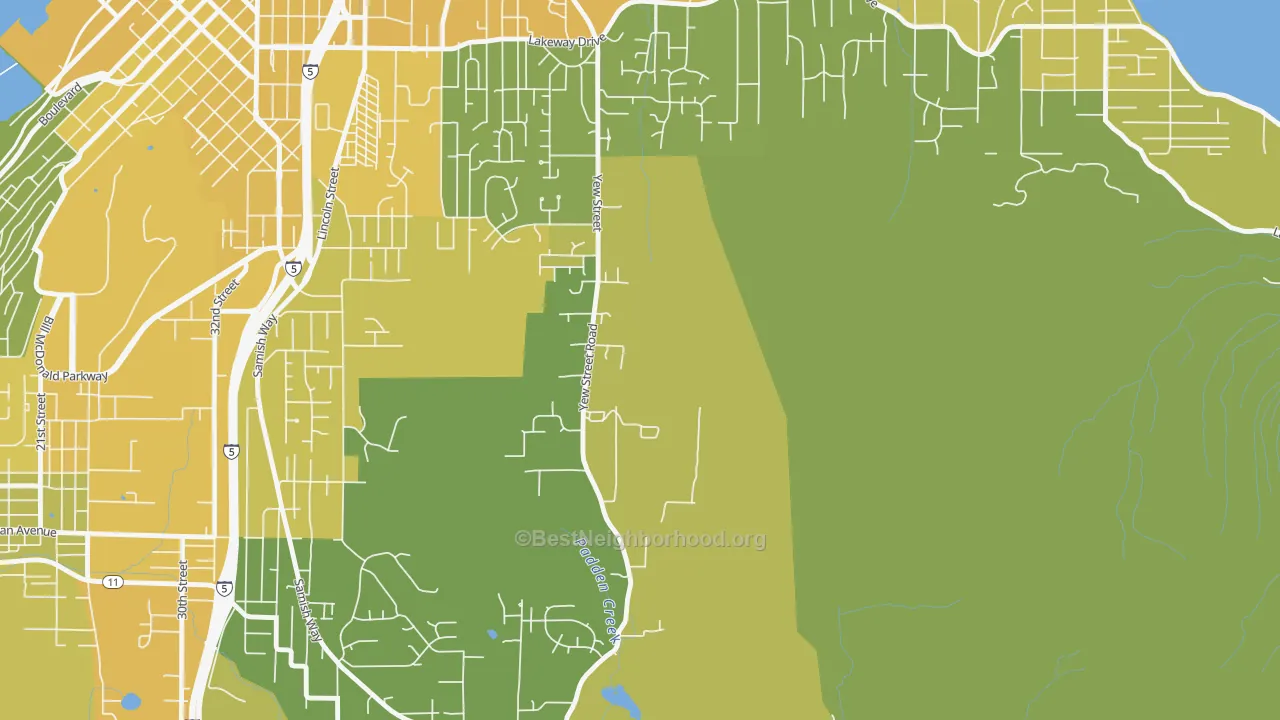 Map of the best neighborhoods in the Silver Beach area, with better matches in green and worse matches in red