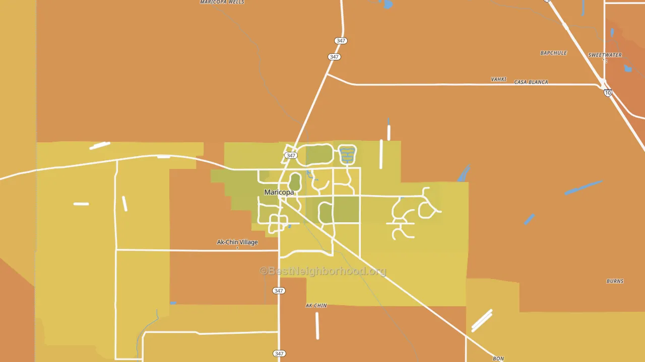Map of the best neighborhoods in the Silver Bell area, with better matches in green and worse matches in red