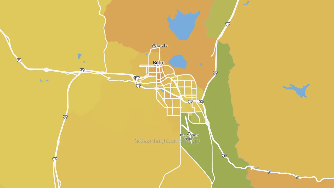 Map of the best neighborhoods in the Silver Bow County area, with better matches in green and worse matches in red