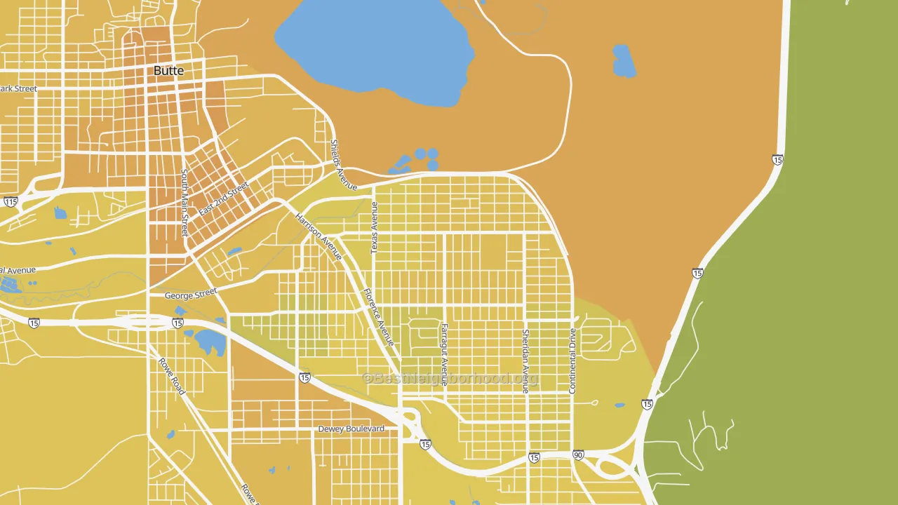 Map of the best neighborhoods in the Silver Bow Park, Butte area, with better matches in green and worse matches in red
