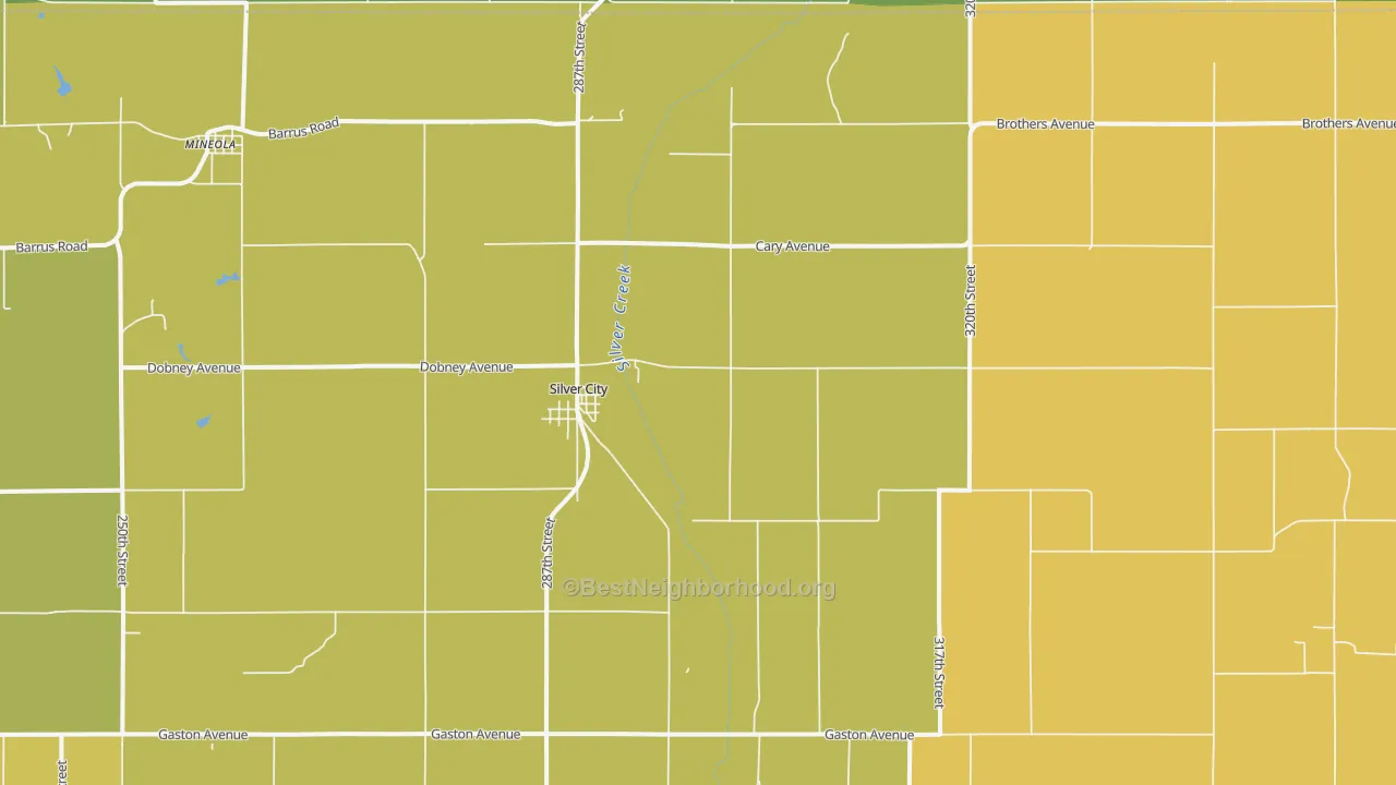 Map of the best neighborhoods in the Silver City area, with better matches in green and worse matches in red