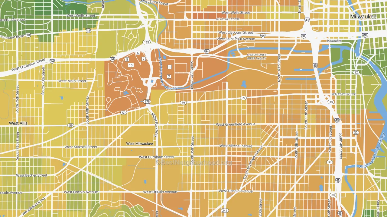 Map of the best neighborhoods in the Silver City, Milwaukee area, with better matches in green and worse matches in red
