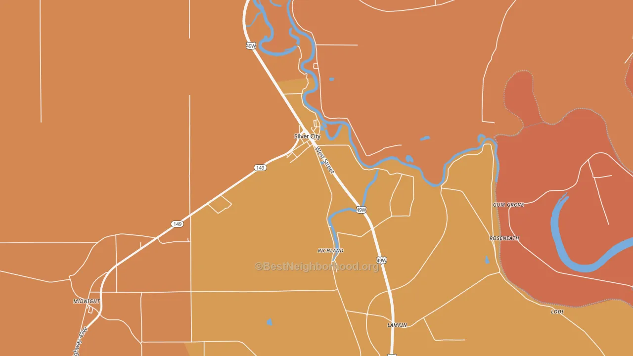 Map of the best neighborhoods in the Silver City area, with better matches in green and worse matches in red