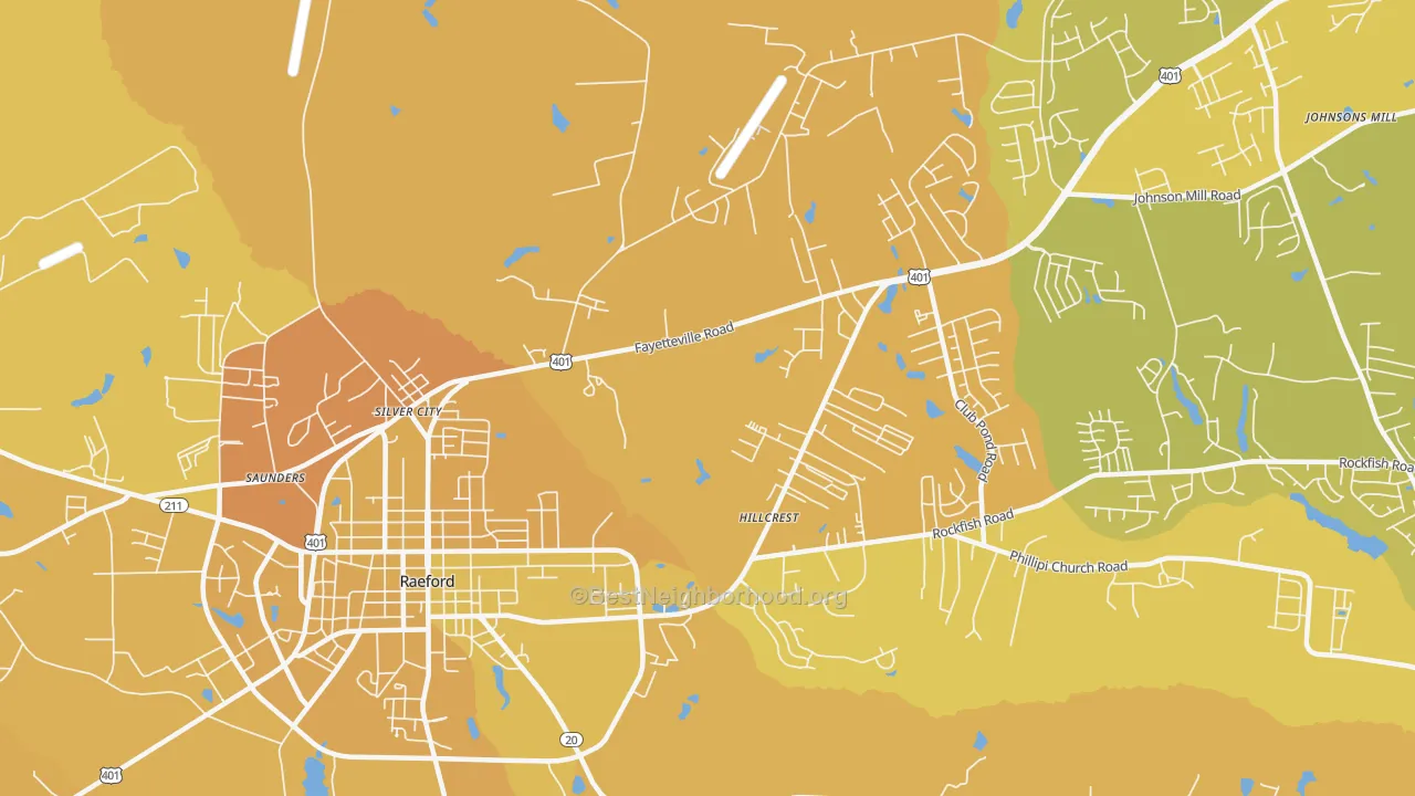 Map of the best neighborhoods in the Silver City area, with better matches in green and worse matches in red