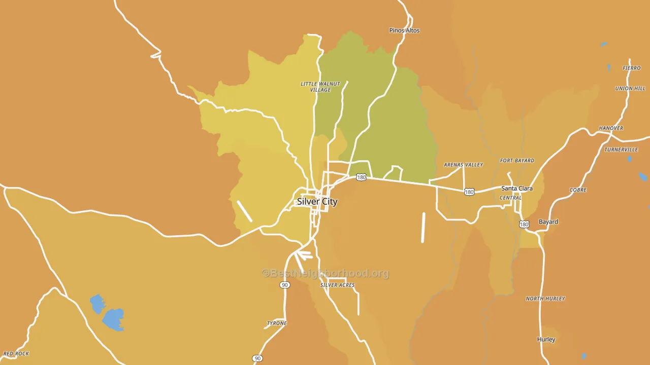 Map of the best neighborhoods in the Silver City area, with better matches in green and worse matches in red