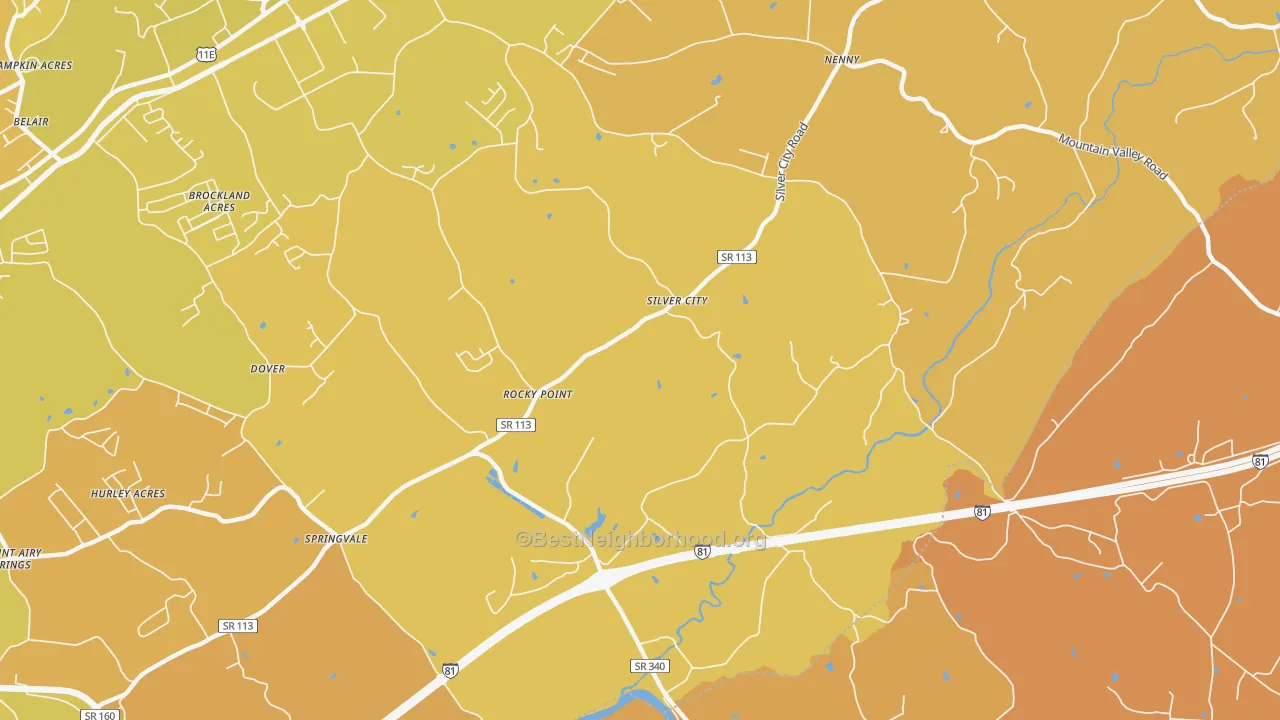 Map of the best neighborhoods in the Silver City area, with better matches in green and worse matches in red