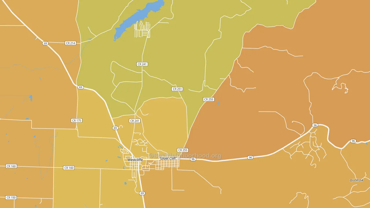 Map of the best neighborhoods in the Silver Cliff area, with better matches in green and worse matches in red