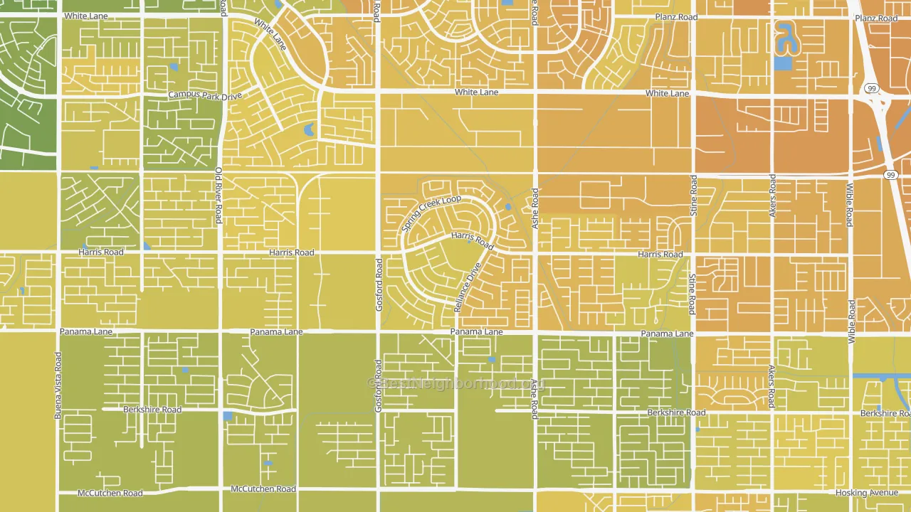 Map of the best neighborhoods in the Silver Creek, Bakersfield area, with better matches in green and worse matches in red