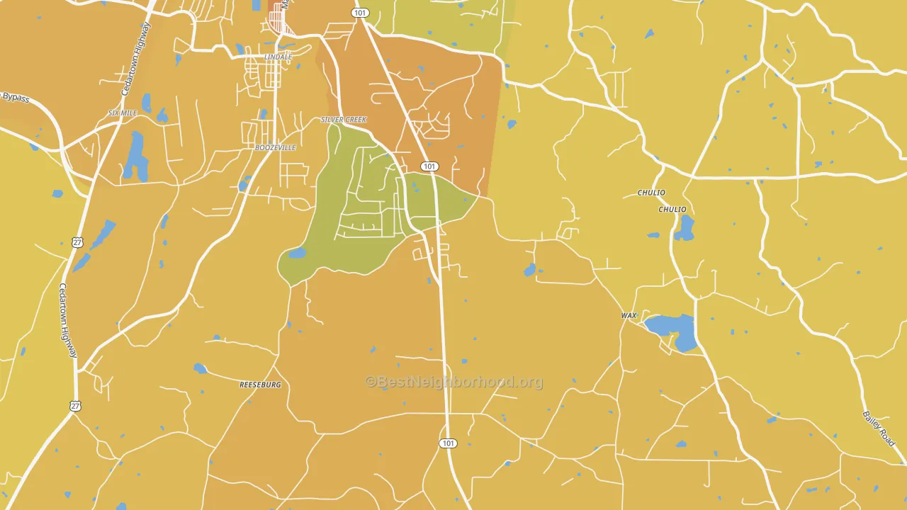 Map of the best neighborhoods in the Silver Creek area, with better matches in green and worse matches in red