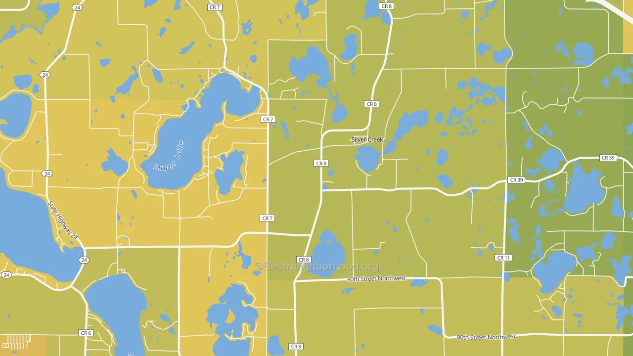Map of the best neighborhoods in the Silver Creek area, with better matches in green and worse matches in red