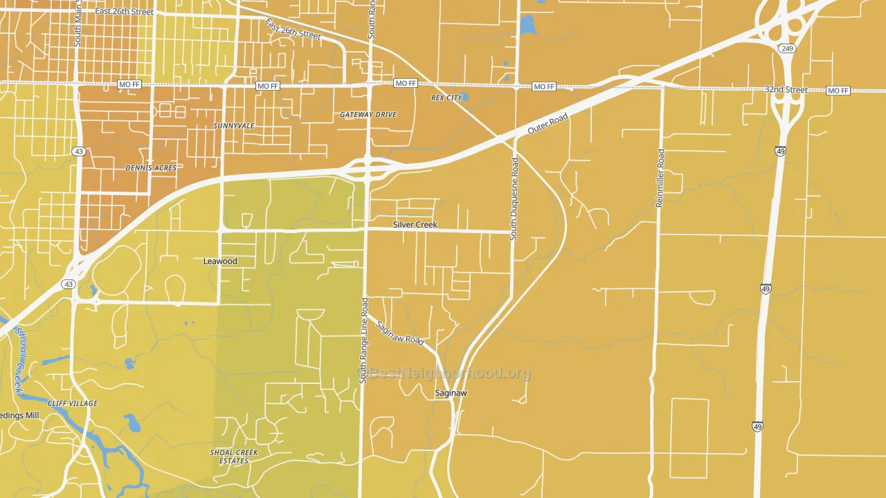 Map of the best neighborhoods in the Silver Creek area, with better matches in green and worse matches in red