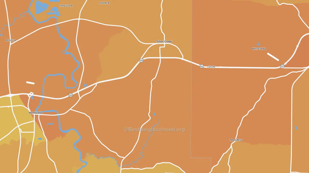 Map of the best neighborhoods in the Silver Creek area, with better matches in green and worse matches in red