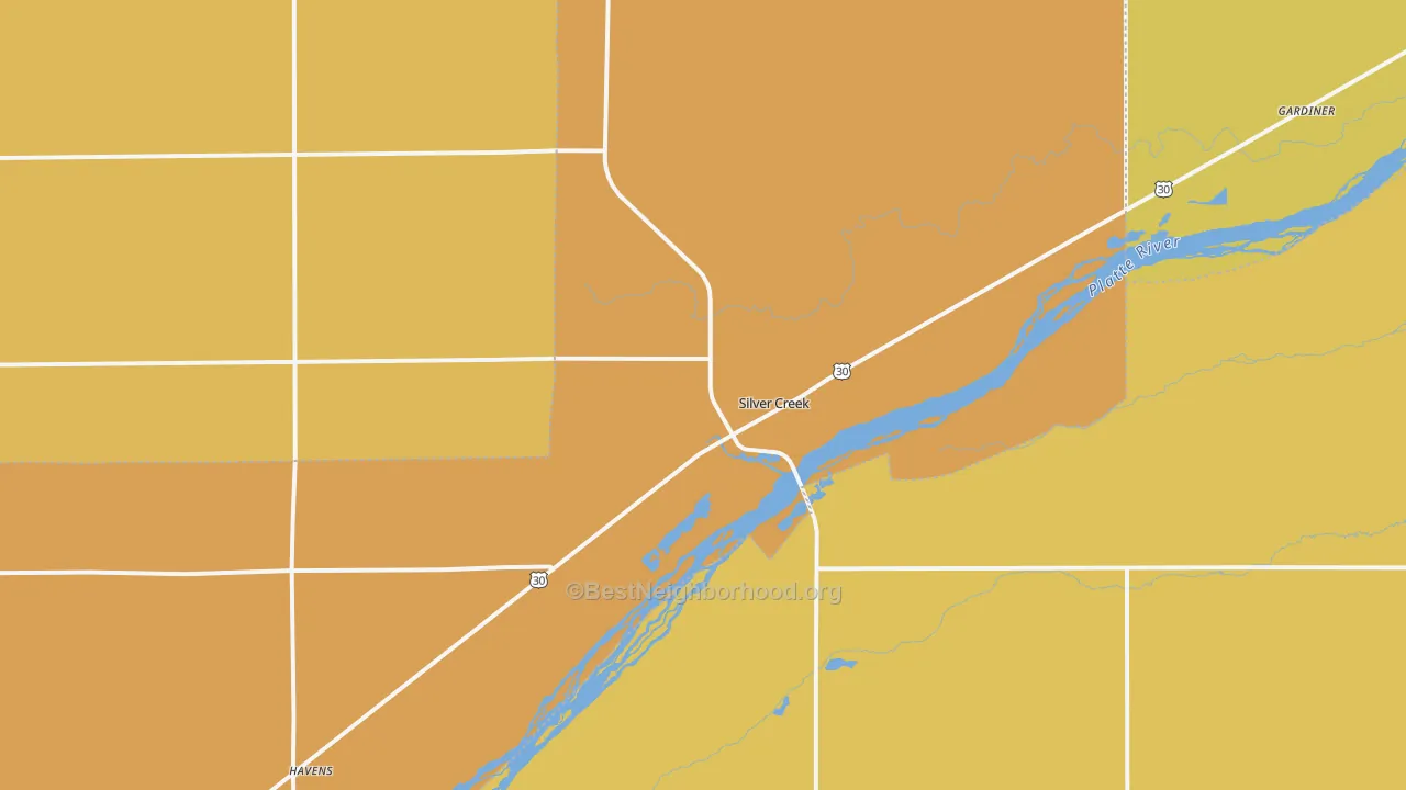 Map of the best neighborhoods in the Silver Creek area, with better matches in green and worse matches in red