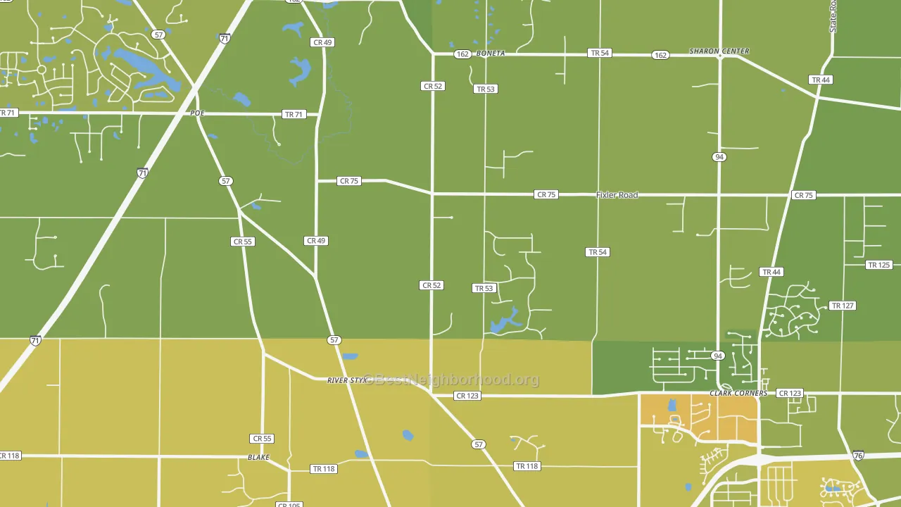 Map of the best neighborhoods in the Silver Creek area, with better matches in green and worse matches in red