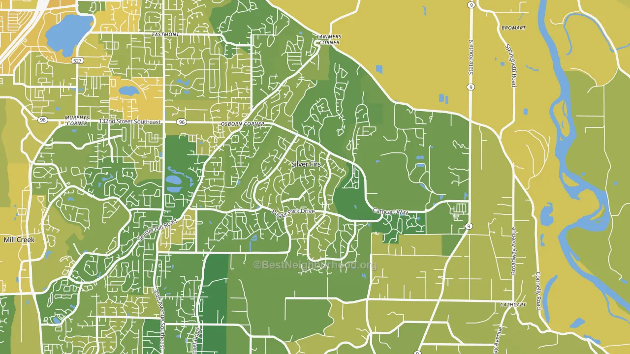Map of the best neighborhoods in the Silver Firs area, with better matches in green and worse matches in red