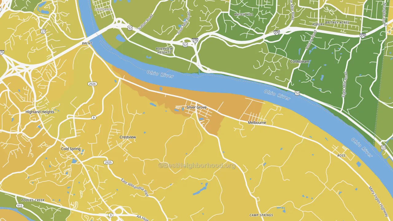 Map of the best neighborhoods in the Silver Grove area, with better matches in green and worse matches in red