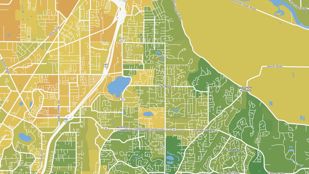 Map of the best neighborhoods in the Silver Lake, Eastmont area, with better matches in green and worse matches in red