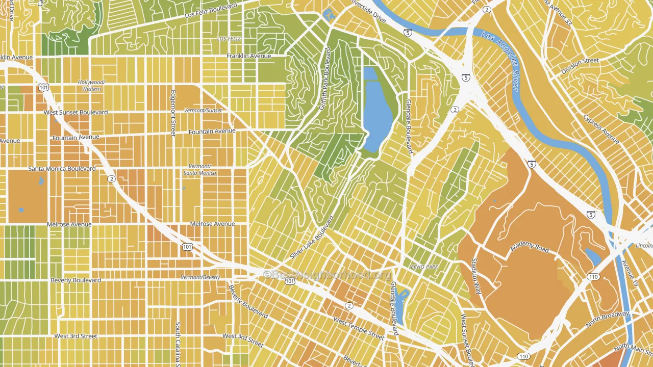 Map of the best neighborhoods in the Silver Lake, Los Angeles area, with better matches in green and worse matches in red