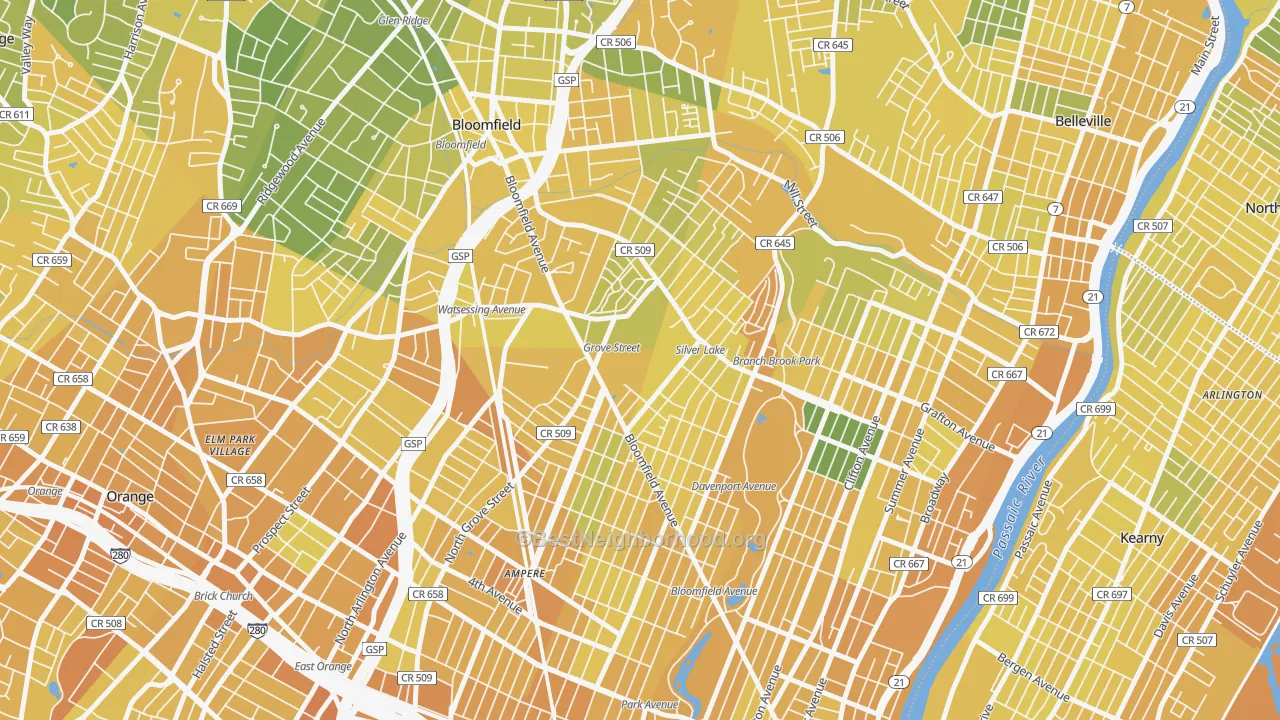 Map of the best neighborhoods in the Silver Lake area, with better matches in green and worse matches in red